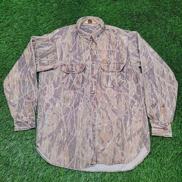Vintage 80s Cabela's Brush Camo Hunting Button Shirt Large USA Heavyweight Soft - Picture 1 of 15
